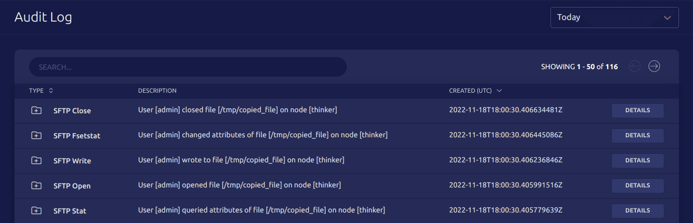 Teleport audit log showing SFTP events