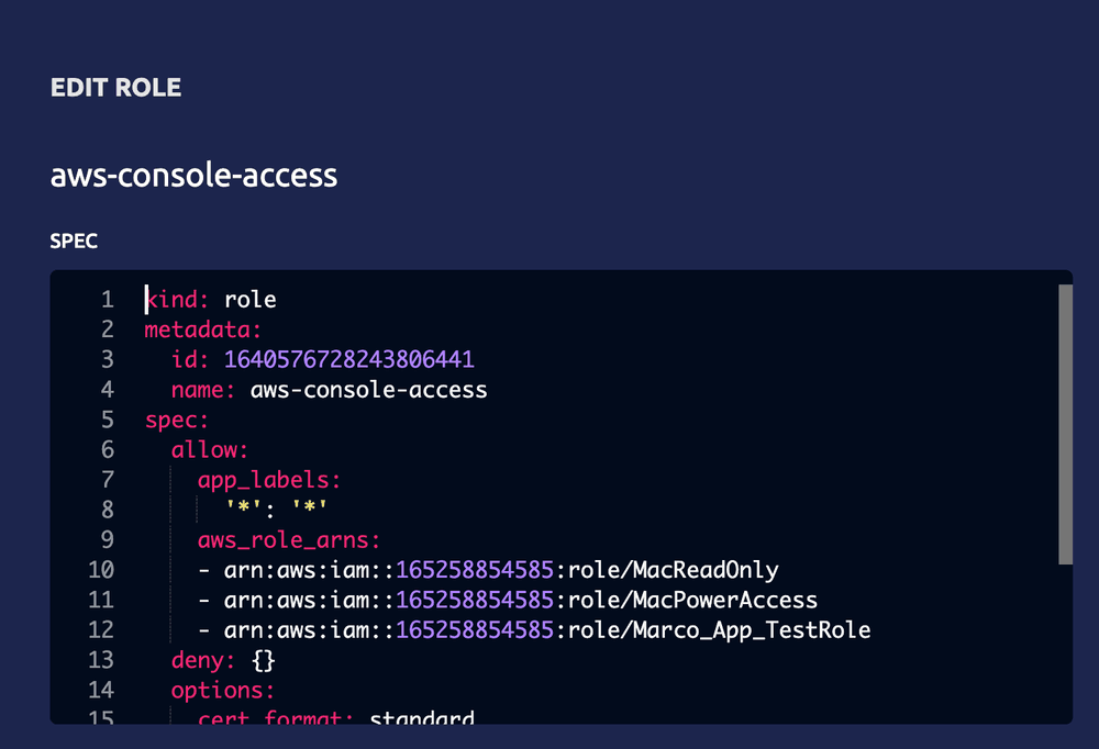 Example AWS Console Role in Teleport RBAC permitted to assume ARN