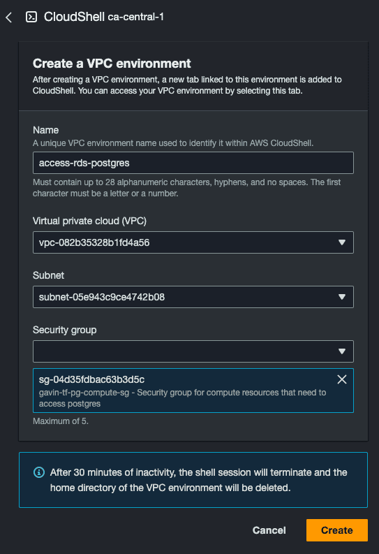 Screenshot of an AWS console dialogue box that creates a custom AWS CloudShell environment in the same subnet and security group as the RDS Postgres database