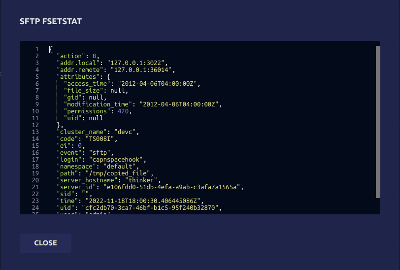 Details of SFTP fsetstat request from Teleport audit log