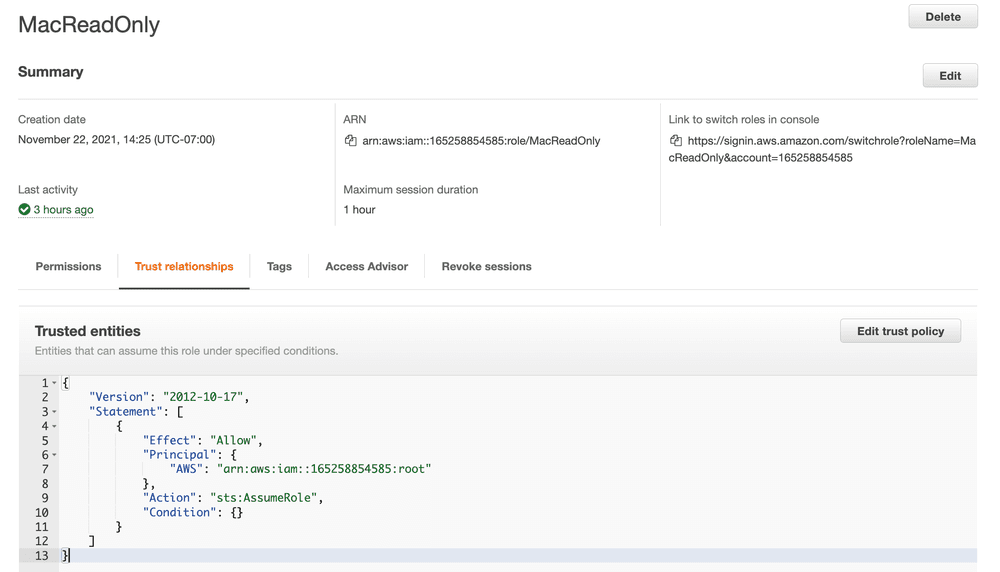 JSON example of an Assume Role Policy to a root account