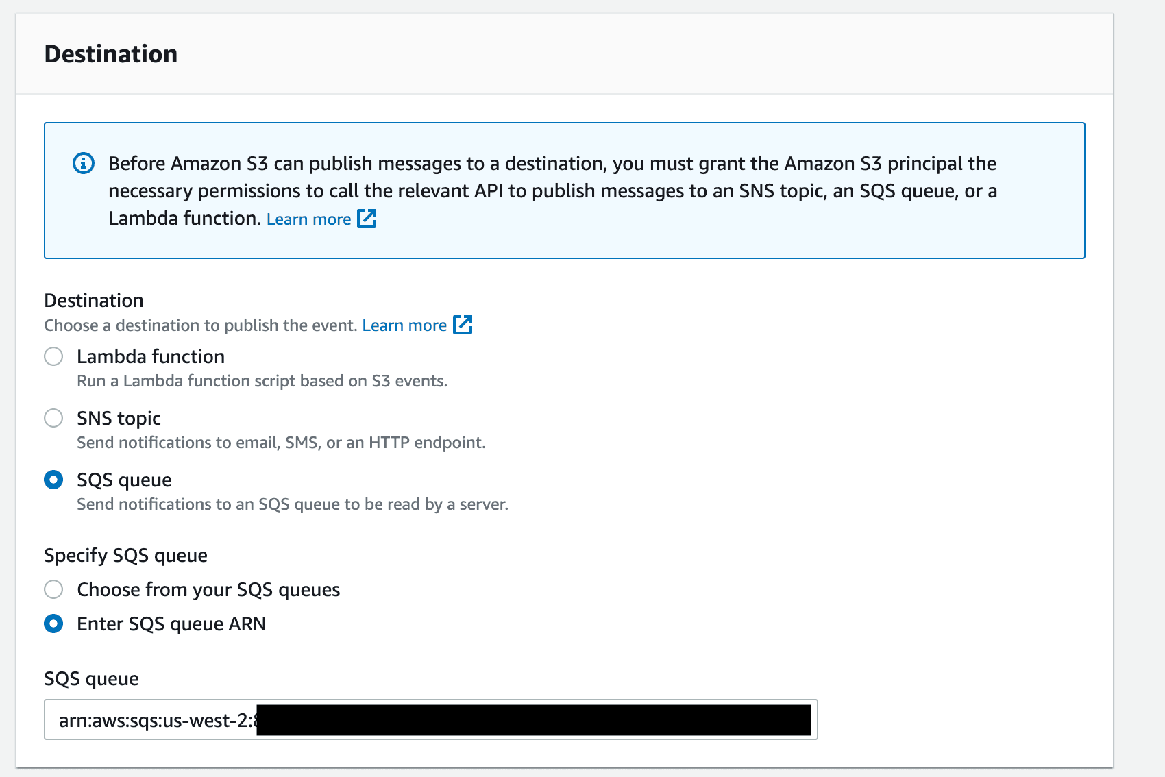 sqs destination setup