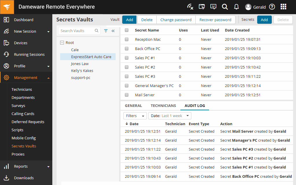 Dameware desktop view showing some key functionalities