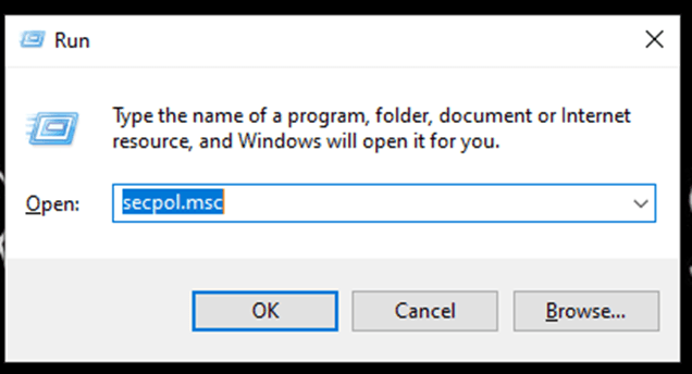 Opening Run from Start and writing secpol.msc