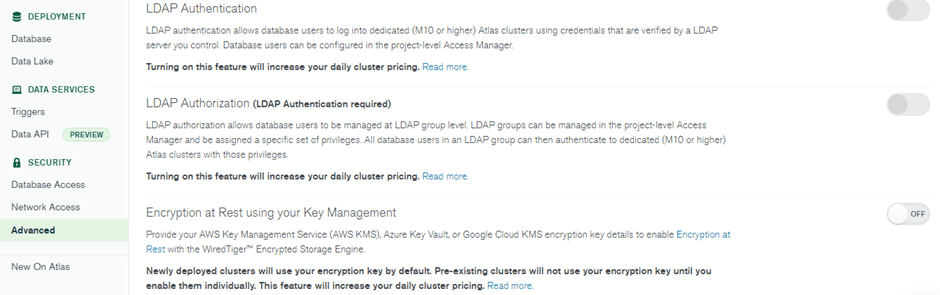 Image showing additional security options in MongoDB Atlas