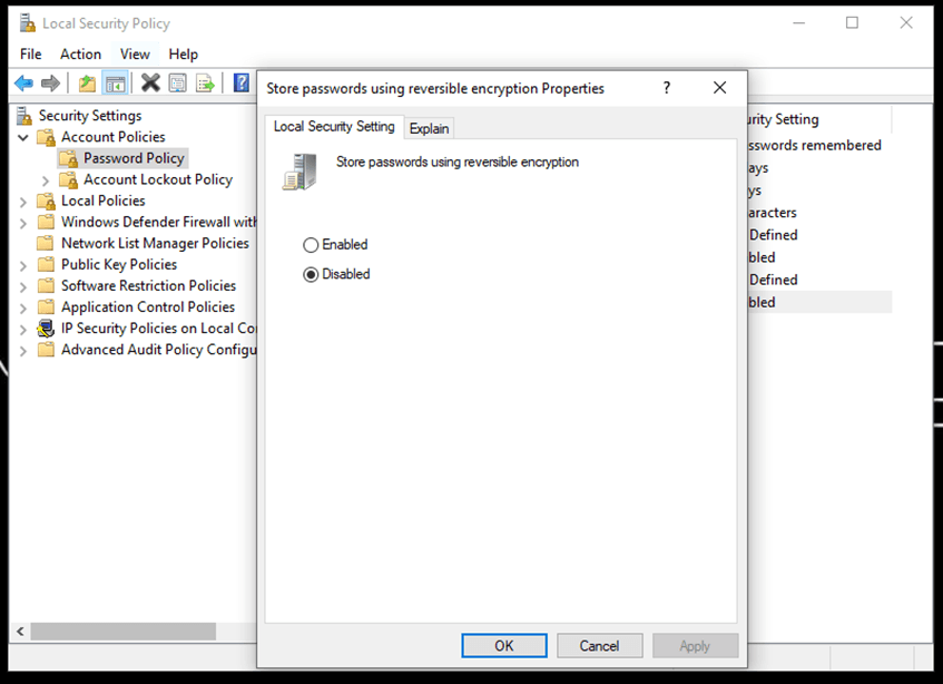 Option of storing password using reversible encryption