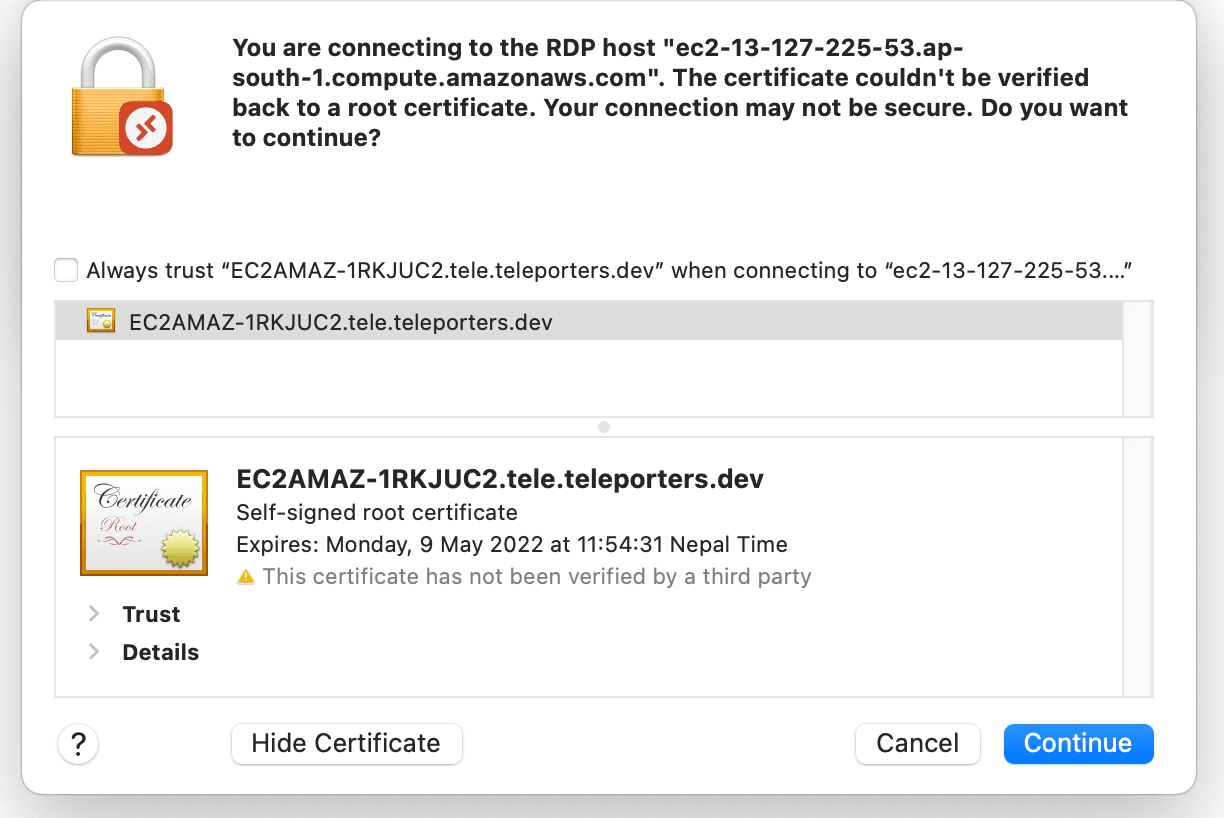 RDP Trust on first use