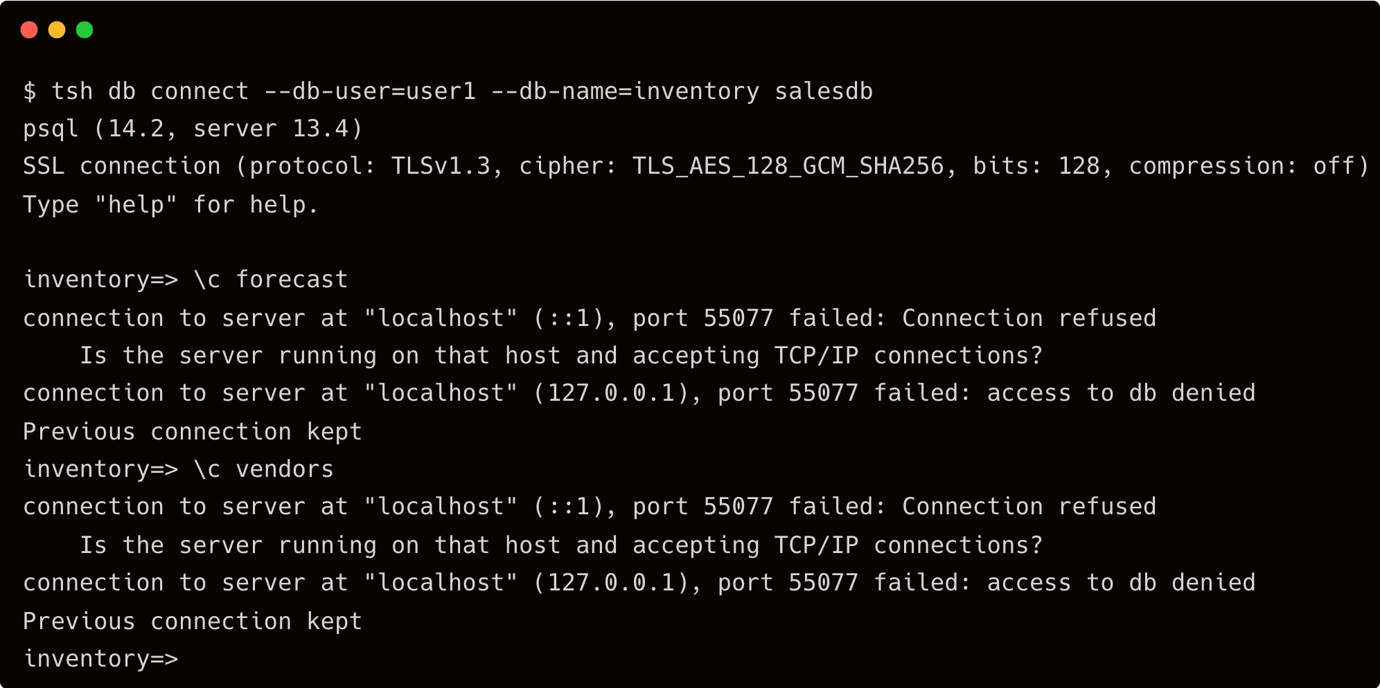 tsh db connect