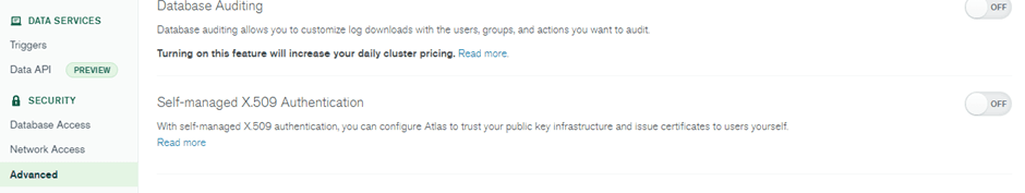Image showing Security options in MongoDB Atlas